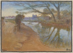 Landscape with a river by the city